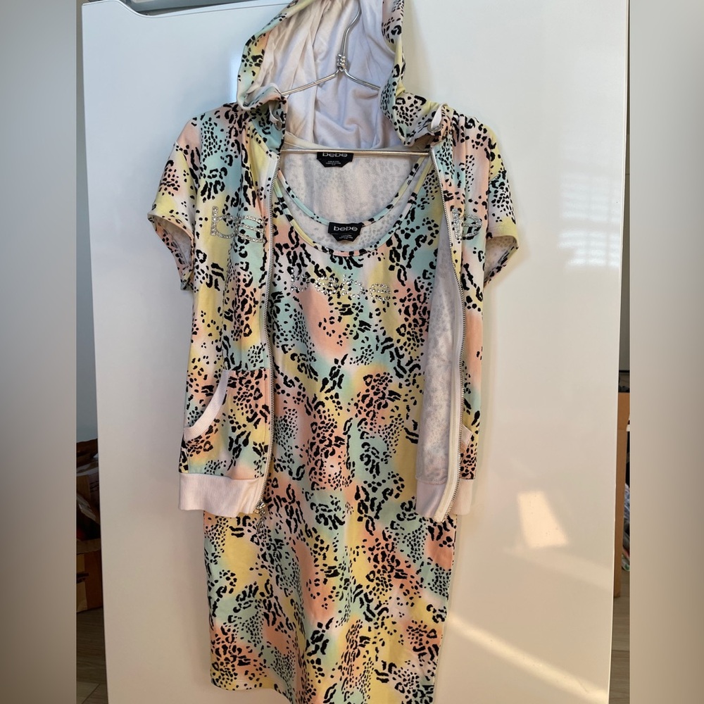 Bebe Pastel Leopard Print Hoodie Tank Dress with Short Sleeve Hoodie